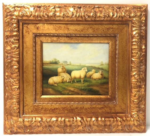 VINTAGE OIL ON PANEL PAINTING: PASTURE WITH SHEEP (1 of 7)
