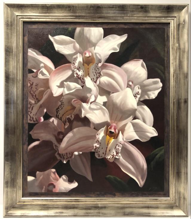 LARGE FRAMED OIL ON CANVAS PAINTING: BOAT ORCHIDS (1 of 8)