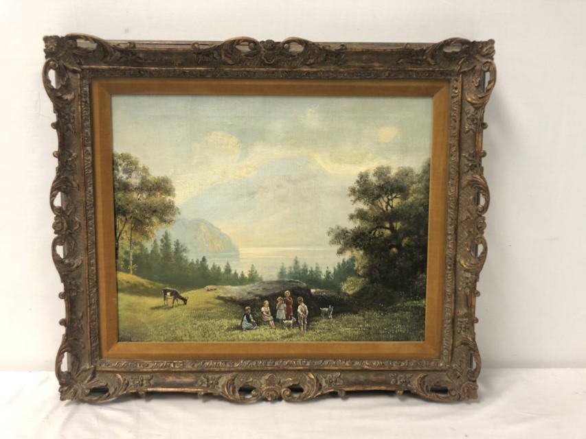 RUDOLPH RITTER VON REICHL OIL ON CANVAS PAINTING: Rudolph Ritter Von Reichl vintage oil on canvas painting, depicting children with goats on a mountainside. Signed "Reichl" lower left. Original frame measuring 21.5" tall x 25.5" wide. Condition: very