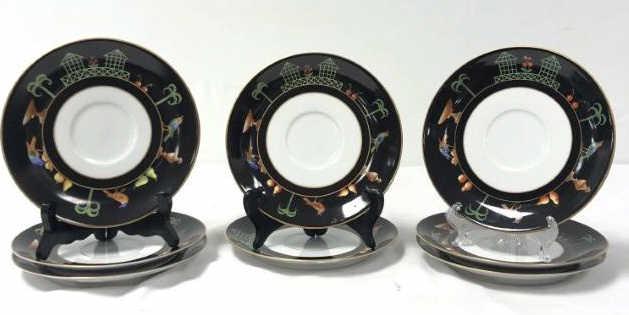 TIFFANY & CO ATELIER LE TALLEC "BLACK SHOULDER" 8P: Eight Tiffany & Co Atelier Le Tallec "Black Shoulder" soup cup saucers. Each measuring 7.25" in diameter. Inscribed on base "Employee Sale / Tiffany & Co Private Stock Hand Painted Made in France / No
