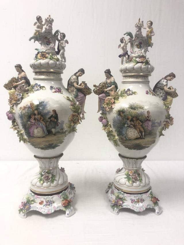 PAIR DRESDEN GERMAN PORCELAIN COVERED URNS (1 of 20)