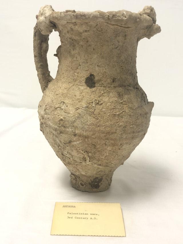 PALESTINIAN POTTERY AMPHORA, 3RD CENTURY C.E.: Palestinian pottery amphora, 3rd century C.E. Measures 9" tall x 6.5" wide. Heavy sea incrustations, loss of one side handle. Includes small identification card. Weight: 2.4 lbs.