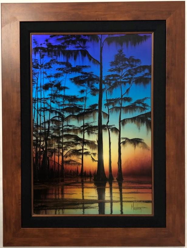 STEPHEN MULDOON MIXED MEDIA PAINTING ON ALUMINUM: Stephen Muldoon original mixed media painting on aluminum, titled "Cypress Mist KW". Signed by artist lower right. Framed measuring a total of 39.25" tall x 29.25" wide. Condition: good, no signs of d