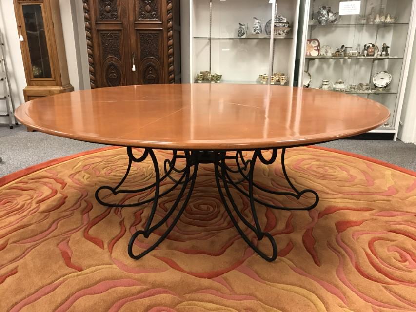 LARGE ROUND WOOD & SCROLLED IRON DINING TABLE (1 of 15)