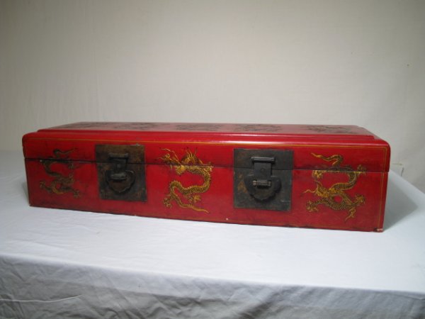 CHINESE RED LACQUER BOX GOLD DRAGONS & BRASS MTS