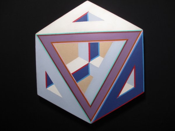 ALVIN D. LOVING JR (1935-2005) OIL PAINTING 1969: Alvin D. Loving Jr. (African-American 1935-2005. Detroit and New York) geometric acrylic painting on canvas. Canvas is stretched on a custom hexagonal stretcher. Signed by the artist verso in red pen