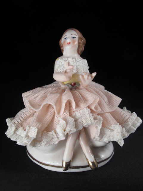 ANTIQUE DRESDEN PORCELAIN DOLL FIGURE GIRL SMALL: Small Dresden art figure of girl measuring 3 1/2" tall . Good condition. Dresden mark on bottom.