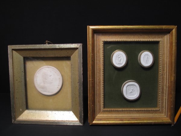 TWO DECORATIVE SHADOW BOX FRAMED CLASSICAL CAMEOS: Two decorative shadow box frames containing a total of four classical cameos. 20th Century or earlier. Larger frame measures 8" x 7". Smaller frame measures 6 1/2" x 6". Total weight: 1.4 lbs. Conditi