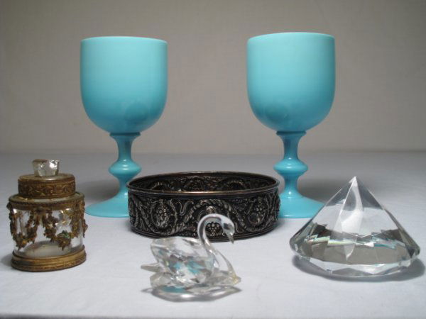 ESTATE LOT TIFFANY SWAROVSKI ROSENTHAL BRISTOL: Six pieces of assorted collectibles including a Tiffany & Co silver soldered wine coaster (diameter: 5". Height: 1 1/2"); two antique powder blue bristol glass goblets (height of each: 6 1/2"); a Swar