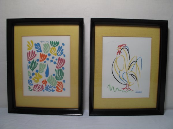 TWO COLORFUL LITHOGRAPHS AFTER MATISSE & PICASSO: Two colorful lithographic prints, each after the respective artists: one of a cockerel signed in the plate, "Picasso". The other, a Matisse abstract 'cut-out' print. Second half of the 20th Century. E