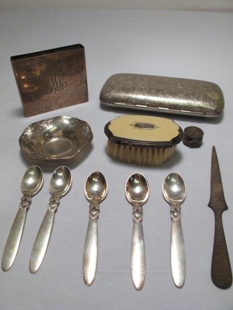 11 PCS STERLING JENSEN PILLBOX BRUSH LETTEROPENER: 11 piece lot of sterling silver and other items including a Kirk & Son letter opener, ,800 continental silver pillbox, 5 Georg Jensen demitasse spoons, enameled brush, fancy eyeglass case, Gorham open