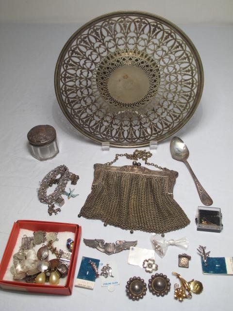 VINTAGE ANTIQUE STERLING JEWELRY MESH PURSE: Vintage Antique Group of Sterling and silver-toned jewelry and accessories including sterling charm bracelet, most charms marked Sterling, 2 Mexican sterling buttons, Art Nouveau German Silver mesh pu