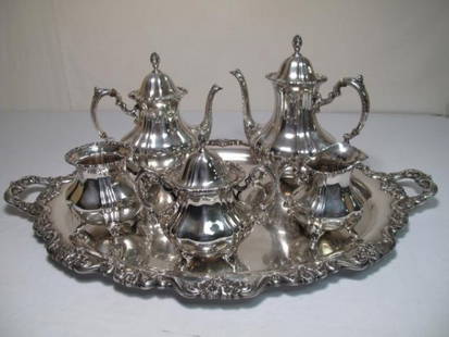 POOLE STERLING SILVER COFFEE TEA SET 6pc 237 troy: Sterling silver coffee and tea service by Poole. All sterling and consists of: Tray 29" x 19 1/2" wide, weight 132 troy oz, Coffee Pot 11 1/2" tall weight 34 troy oz, Teapot 10" tall, weight 30 troy o