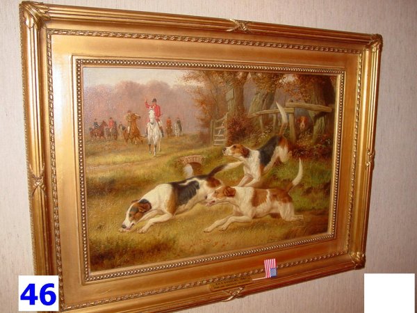 EDWARD A.S. DOUGLAS OIL PAINTING: CORNERED: Oil on canvas painting by Edward Algernon Stuart Douglas (British 1850-1920) titled, "Cornered". Measures 14" x 21" plus frame. Signed, E.A.S. Good condition. Provenance: purchased from The Darvish Co
