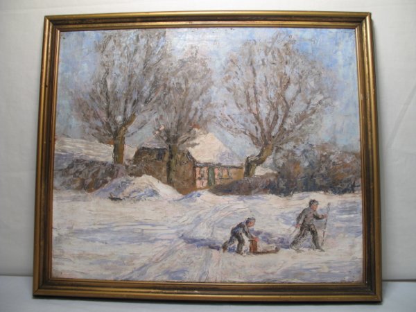 OIL PAINTING ON CANVAS WINTER SCENE WITH FIGURES: Oil painting on canvas of a winter scene with figures of two children with a sled. Circa 1930. Unsigned. Stretcher measures 17 1/2" x 21". Frame measures 19 1/2" x 23". Weight: 2.5 lbs. Condition: goo