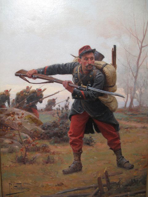 OIL PAINTING PAUL GROLLERON (1848-1901) SOLDIER: Antique oil painting on canvas of a French soldier by P. Grolleron (1848-1901),signed lower left corner. Plaque with artist name mounted on frame. Frame is gilt with floral accents at corners. Paintin