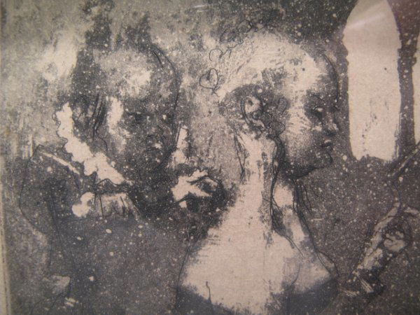 JACK LEVINE (1915-) AQUATINT ENGRAVING SIGNED ORIG: Small Jack Levine aquatint engraving, untitled, pencil and numbered 89/120. Framed, matted and under glass. Visible art measures 5" x 4". Framed dimension is 14 3/4" tall by 11 1/2" wide. Weight is 2.