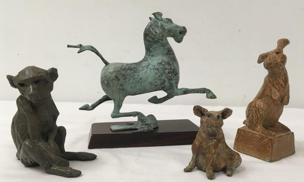 FOUR SMALL BRONZE SCULPTURES: MONKEY, RABBIT, PIG (1 of 11)