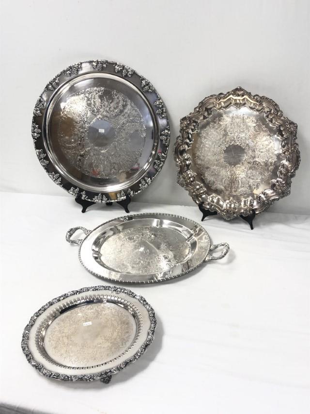 FOUR ROUND SILVER PLATED SERVING TRAYS (1 of 20)