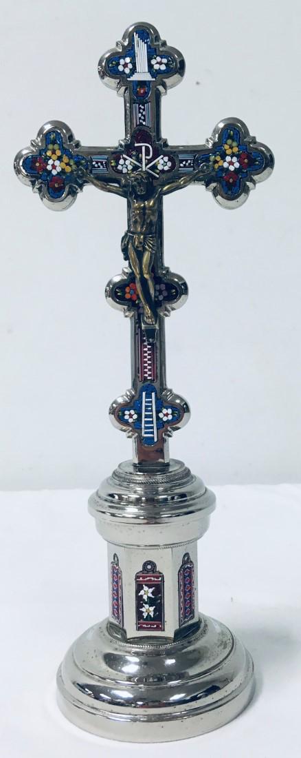 ANTIQUE MICRO MOSAIC STANDING CRUCIFIX ALTAR CROSS (1 of 13)