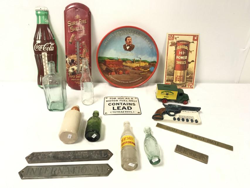 ASSORTED VINTAGE ADVERTISING SIGNS, BOTTLES, ETC. (1 of 13)