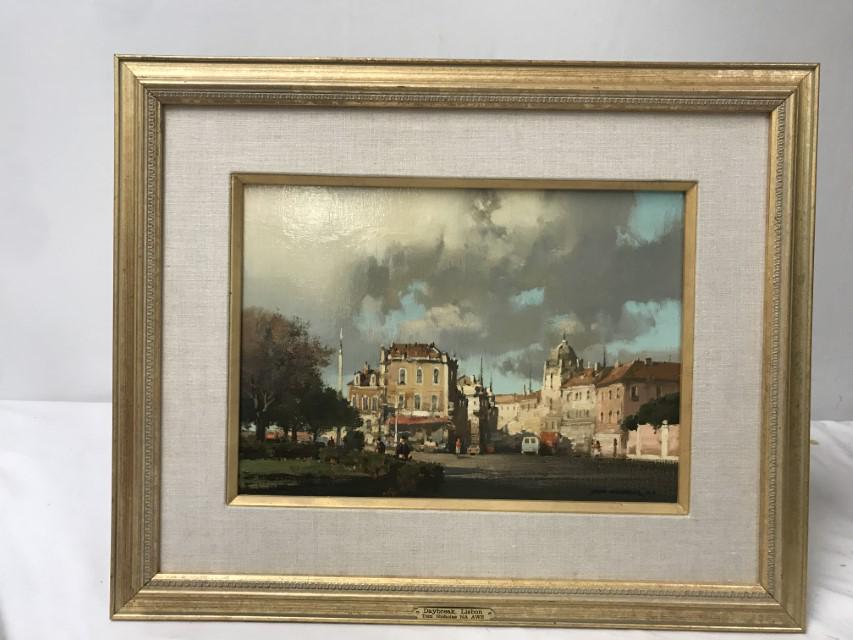 TOM NICHOLAS, OIL ON CANVAS: Tom Nicholas (American, b. 1934), 10" x 14" canvas size, "Daybreak, Lisbon", signed lower right, framed size is 17.5" x 21.5". Provenance: purchased from Robert Wilson Galleries, Nantucket, MA, March