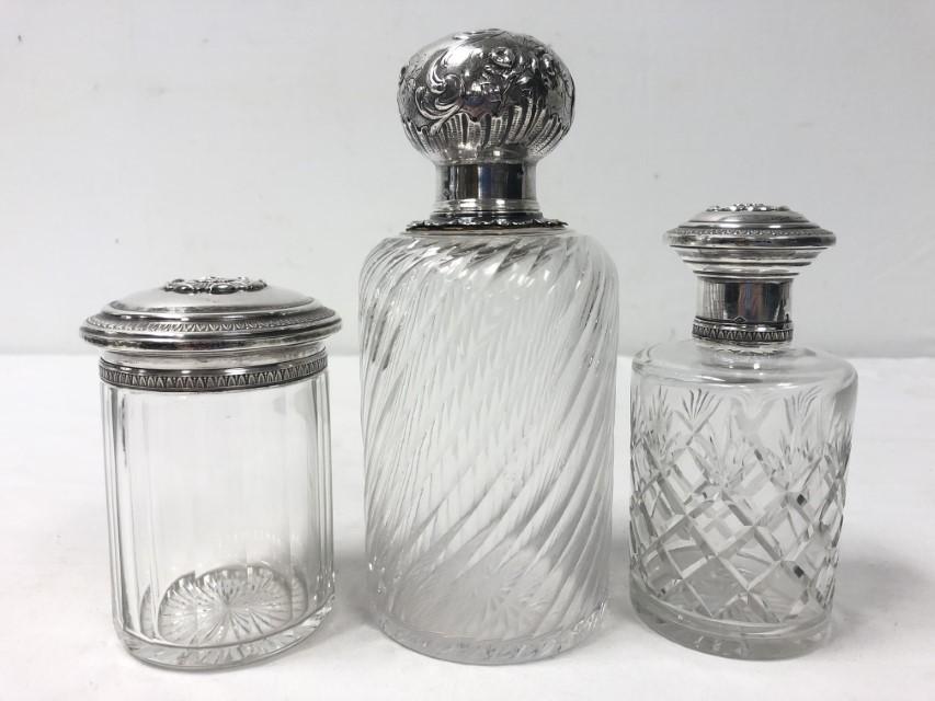 THREE ANTIQUE FRENCH SILVER MOUNTED BOTTLES, JARS (1 of 16)