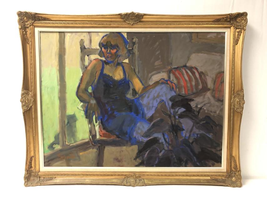 SANTO PEZZUTTI OIL ON CANVAS PAINTING: CAT IN THE.: Santo Pezzutti oil on canvas painting, subject: seated woman with cat in the window. Signed "Santo" lower left. Measures (sight) 29.5" tall x 39.5" wide, and (frame) 37" tall x 47" wide. Condition: so