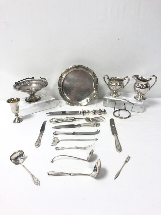 ESTATE STERLING SILVER: 18.8 + TROY: Lot of assorted estate sterling silver. Includes an 8.25" diameter tray with personalized engraving, a creamer/sugar set, a pierced rim basket with weighted base, an engraved shot glass, various sterl