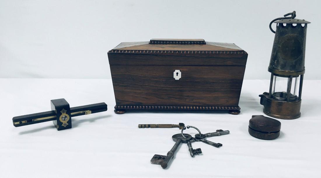 ESTATE LOT: TEA CADDY, MARKING GAUGE, MINING LAMP (1 of 20)