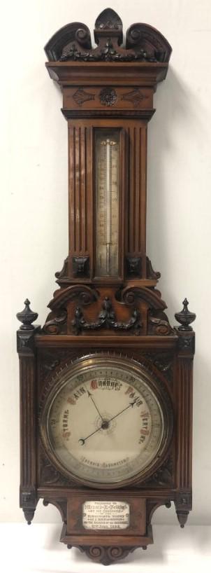 ANTIQUE VICTORIAN CARVED WOOD BAROMETER THERMOMETER (1 of 10)