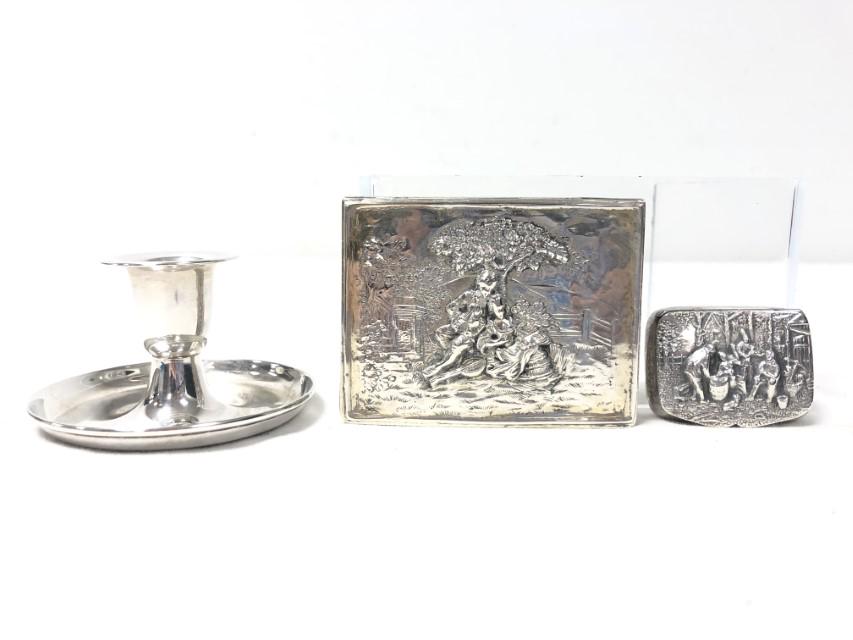 TWO ANTIQUE EMBOSSED SILVER PILL or SNUFF BOXES & (1 of 15)