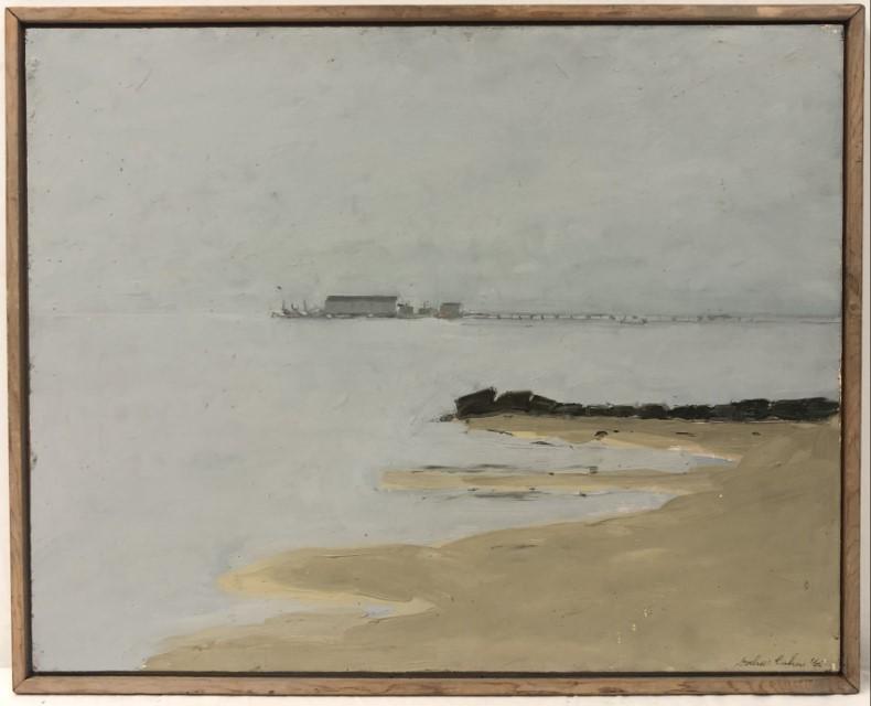 ARTHUR MORRIS COHEN OIL ON MASONITE PAINTING: Arthur Morris Cohen oil on masonite painting, titled verso "MacMillan's Wharf, Provincetown, 1965". Painting signed and dated "Arthur Cohen '65" lower right. Framed in a simple wooden frame measuring