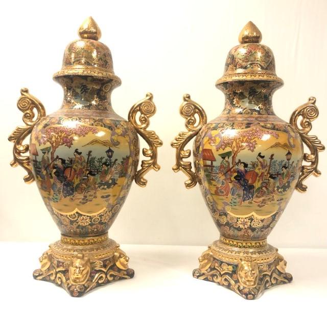 PAIR LARGE ROYAL SATSUMA FOOTED URNS (1 of 19)