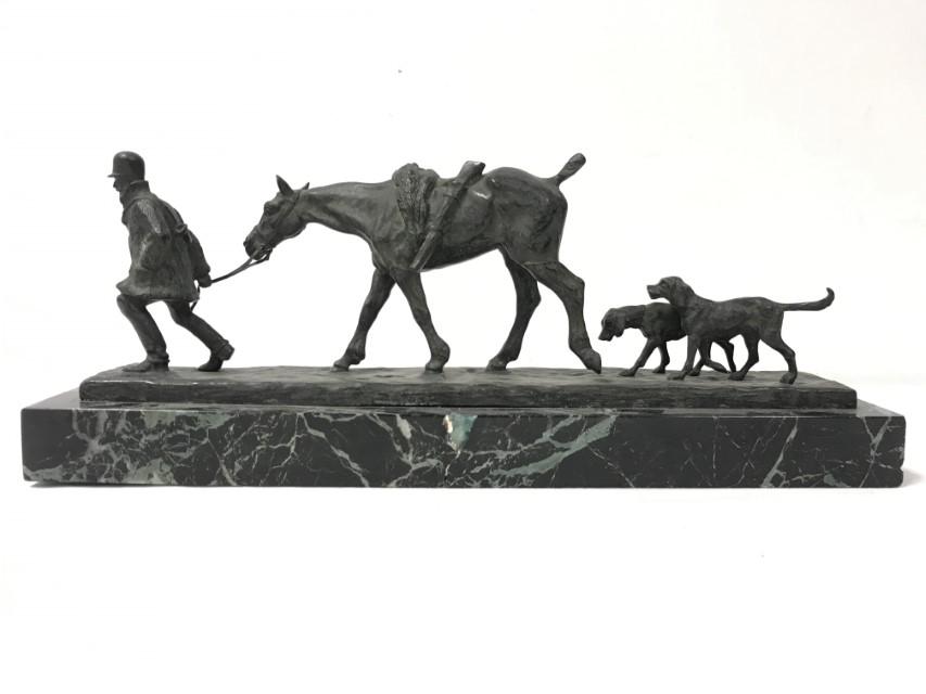 1926 BRONZE SCULPTURE "HUNTER, HORSE, AND DOGS" (1 of 14)