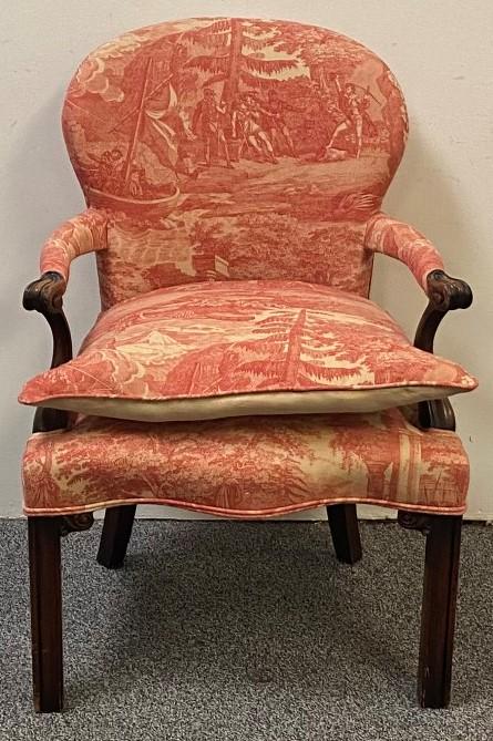 ANTIQUE LOUIS XV STYLE UPHOLSTERED ARMCHAIR: Antique Louis XV style upholstered armchair measuring a total of 35.5" tall x 24" wide and 20" deep. Red toile fabric upholstery. Condition: heavy wear to both armrests, see images. Weight: approx. 35