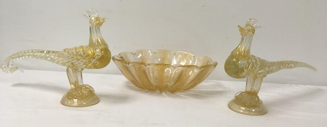 VINTAGE VENETIAN GOLD FUMED GLASS PHEASANTS & BOWL (1 of 16)