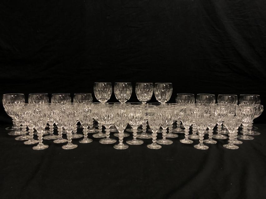 HAWKES "ST. GEORGE" CRYSTAL STEMWARE FOR TWELVE: Hawkes "St. George" pattern cut crystal stemware service for twelve. Includes (12)6" water goblets, (12) 5" wine glasses, (12) 4.5" champagne, and (12) 3.8" cordials. Each piece with acid etched signa