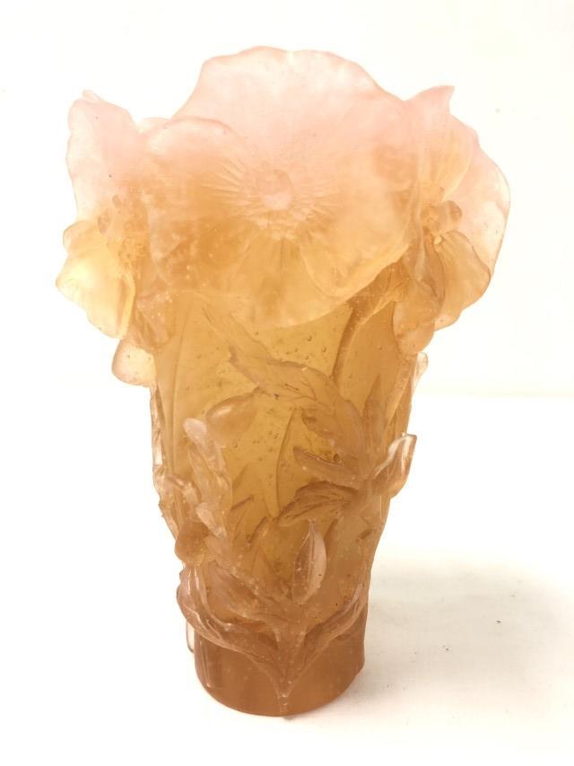 DAUM FRANCE PATE DE VERRE HIBISCUS VASE: Daum France Pate de Verre floral vase, Hibiscus pattern. Shades of amber at base to softt pink at top. Measures 7" tall xy 4" wide. Engraved 'Daum France' signature at base. Condition: no apparent dam