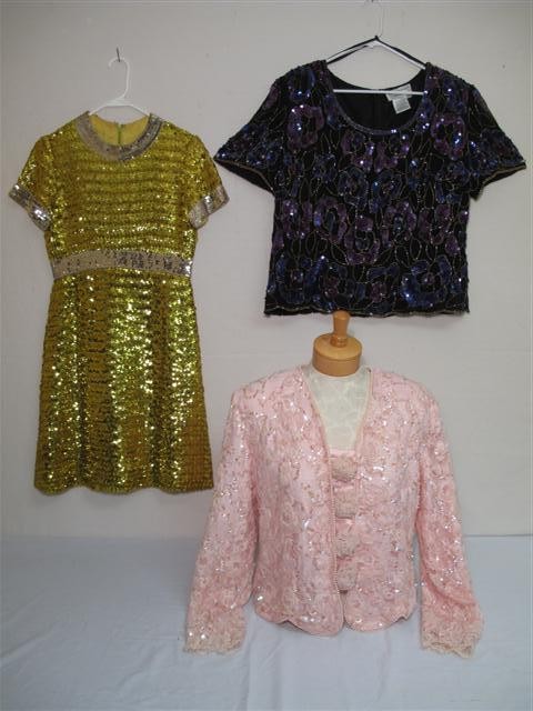 VINTAGE 3 PCE BEADED AND SEQUINED EVENING TOPS DRES: The first is by papal boutique. Silk shell with blue and purple sequins and gold and black beads, with a floral design. Size 1X. Good condition. The second is a vintage pink silk jacket embellished wi