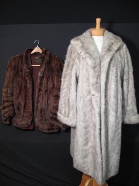 VINTAGE FUR COAT AND JACKET 2 PCS CRAFT QUALITY: Vintage fur coat and jacket 2 pieces, craft quality. The dark mink by DePinna measures 26 inches long. The silver mink coat measures 39 inches long. Rips, tears, matting and discoloration. Craft quali