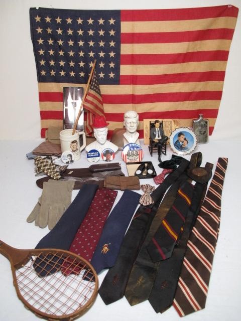 KENNEDY COLLECTIBLES, TIES, FLASKS, GUY STUFF: John F. Kennedy memorabilia including a composite stone bust, a porcelain bust, a hard plastic figure of Kennedy in a black rocking chair, a large mug and a small Cape Cod Mass souvenir plate. Also in