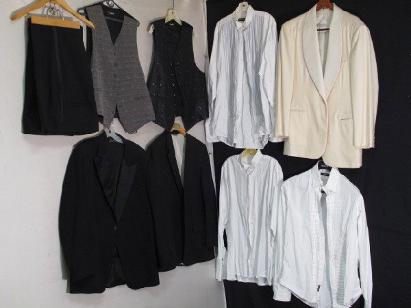 VINTAGE LOT OF MENS TUXEDO JACKET VEST SHIRTS PANT: Vintage lot of mens tuxedo items. Includes an Allen Lolly black silk suit jacket, Polo by Ralph Lauren white suit jacket, a Brooks Brother black suit jacket, I. Magnin white tuxedo shirt, a Daniel Sch
