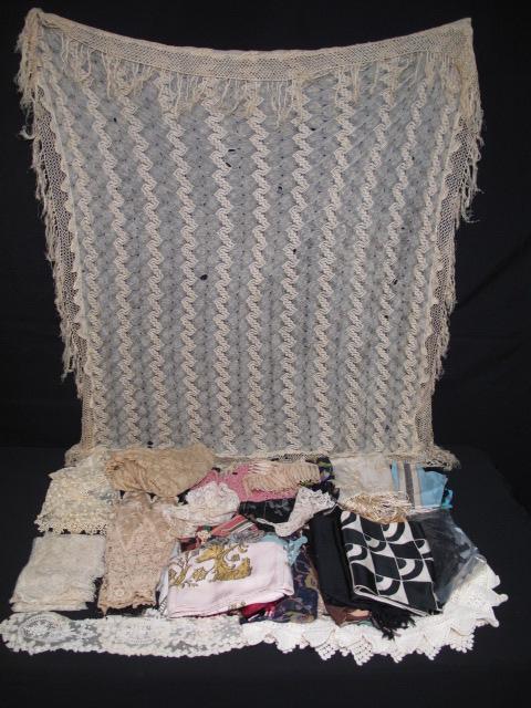 VINTAGE HANDKERCHIEFS LACE HERMES SCARF ETC: Group lot of vintage scarves, handkerchiefs, napkins, table runners including a vintage Hermes silk scarf, beautiful pieces of lace, collars, pillowcase edging, etc. Most items in good condition. The