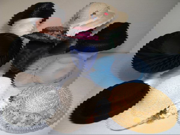 9 VINTAGE LADIES FELT STRAW FABRIC HATS: 9 vintage assorted ladies felt, straw and fabric hats. Pill boxes, wide brimmed etc. All in generally good condition. Largest measures 14 1/2" wide x 4 1/2" tall with the smallest at 10" wide x 3 1/2"