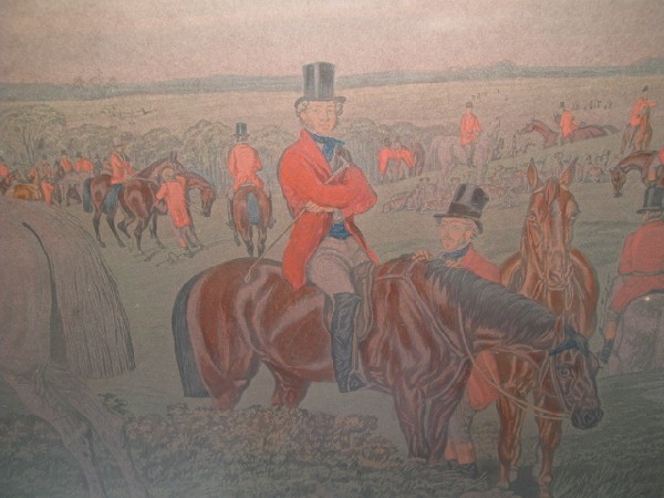 J.F. HERRING'S SENR FOX HUNT ENGRAVED PRINT: J.F. Herring's Senr color fox hunt engraved print "The Meeting I, Le Rendez-vous", framed, matted and under glass. Along bottom left on the base of the scene "Painted by J.F. Herring Senr". Bottom rig