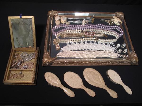 COSTUME JEWELRY VANITY TRAY PEN BOX AND MORE: Nice tray lot of assorted ladies items including a lovely faux pearl necklace by Eugene, crystal necklaces, other faux pearl necklaces, pins, a gold painting box with print under glass, a large metal 