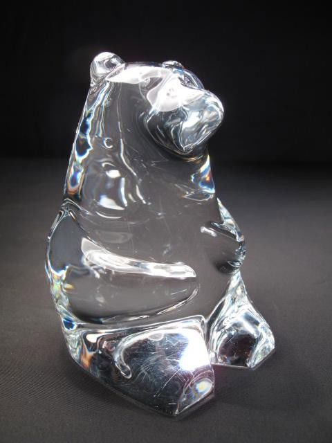 ORREFORS CRYSTAL ART GLASS BEAR FIGURE: Orrefors full lead crystal art glass figure of a sitting bear. Signed and numbered. Measuring 4 inches by 3 inches by 2.25 inches deep. Condition good. Weight 1.4 lbs.
