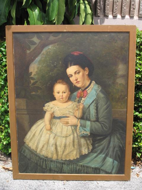 ANTIQUE OIL ON CANVAS PAINTING OF MOTHER AND DAUGH: Antique oil on canvas painting of a mother and daughter. No apparent signature. Some losses to painting including marks and small holes. Frame with scratches and wear. See images for details. "Geo. Ro