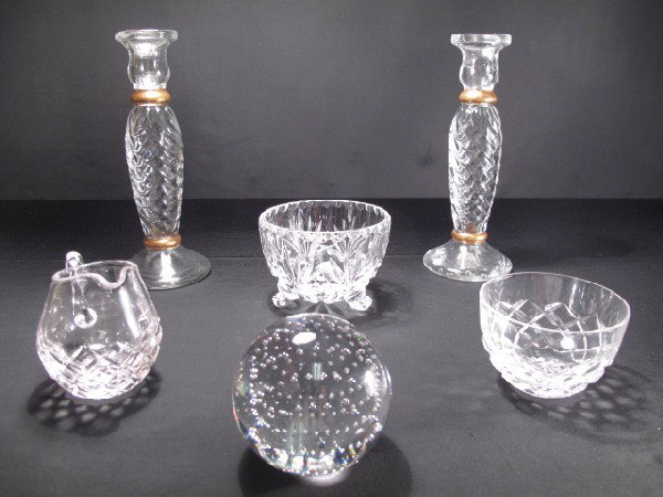 SIX PIECES GLASS TABLEWARE PAPERWEIGHT VASE: Seven pieces of decorative glass tableware including a pair of candlesticks, a graduated bubble paperweight, a cut crystal cream and sugar and a footed glass bowl. Tallest pieces are the candlesticks,